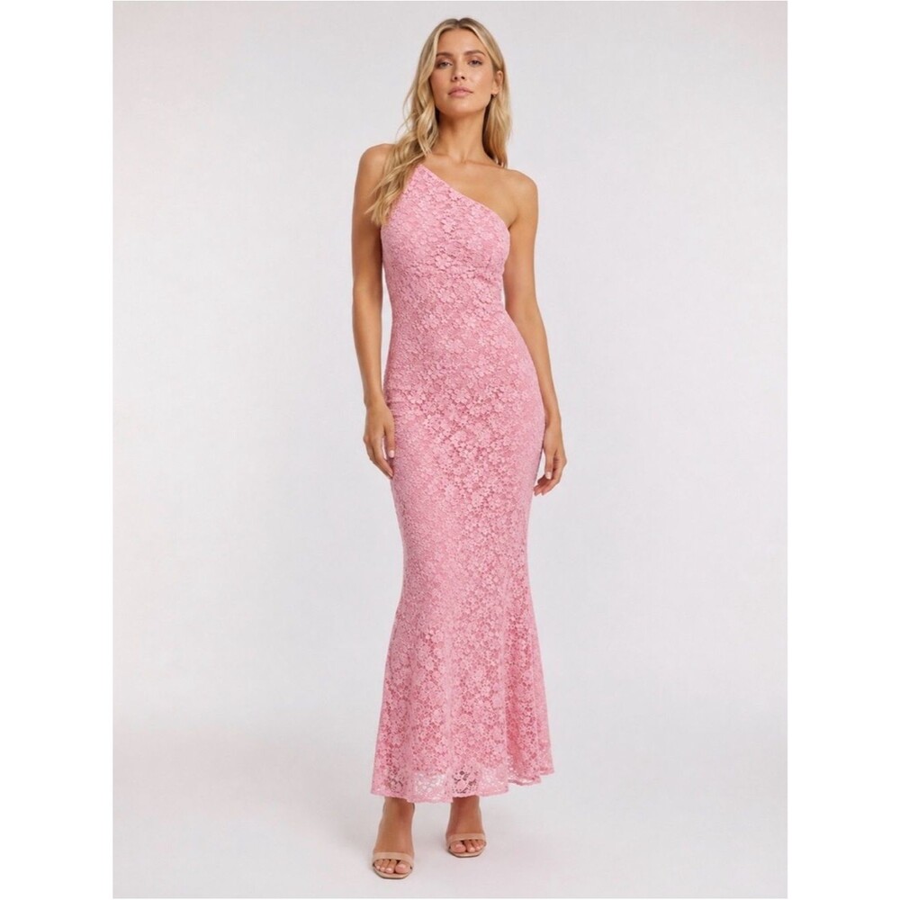 Bardot Albie One Shoulder Lace Bodycon Maxi Dress Pink Long Formal Gown 8 NWT